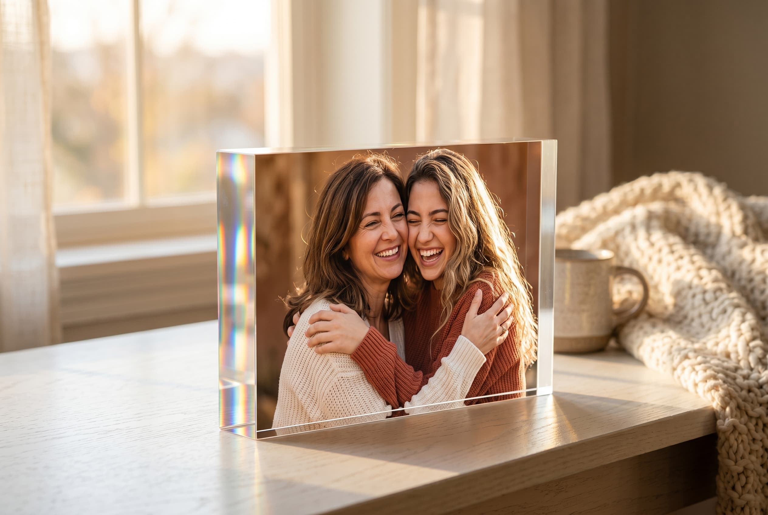 Peça Momentum em acrílico com fotografia de mãe e filha