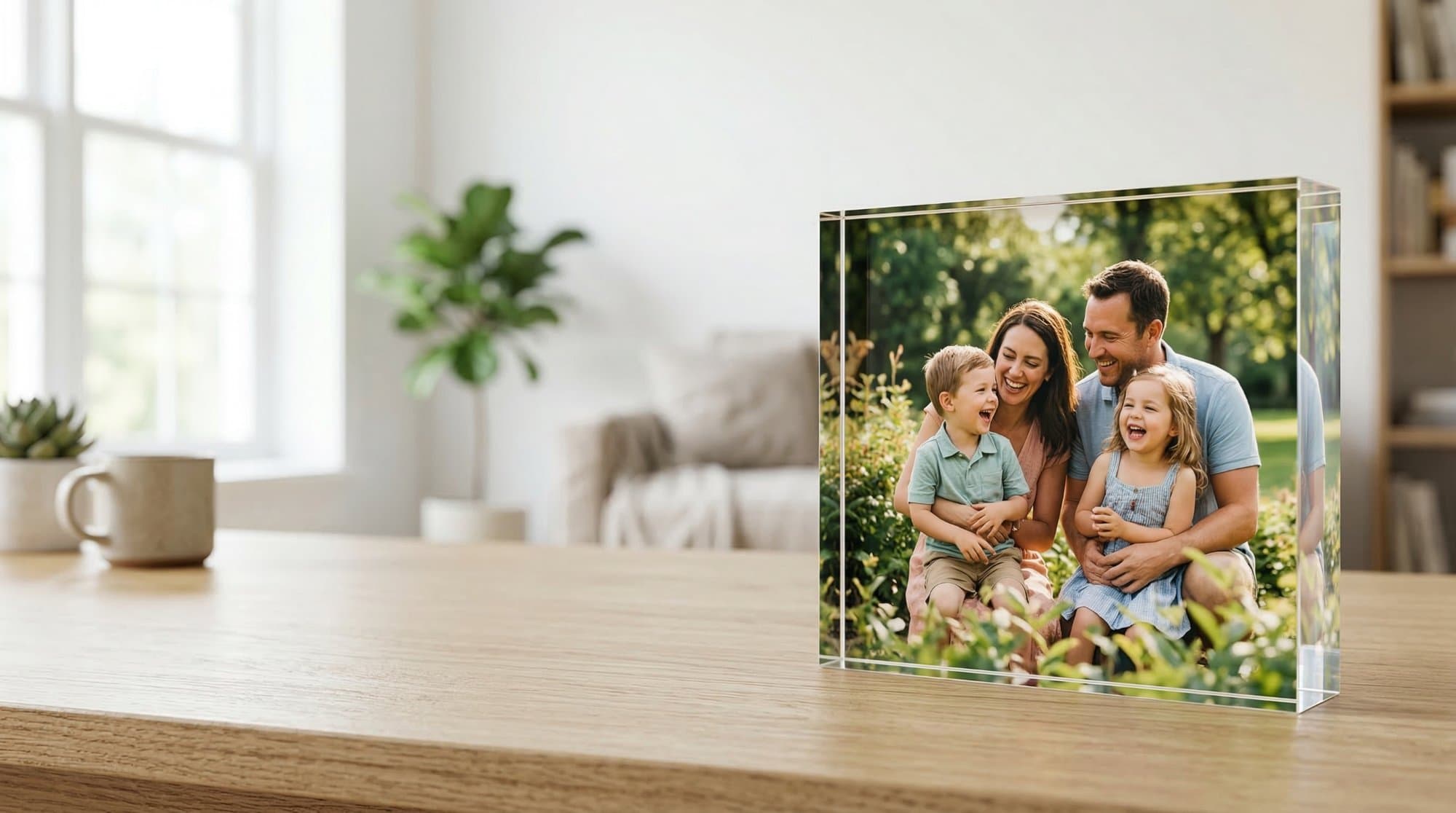 Peça de arte em acrílico com fotografia de família numa mesa de carvalho