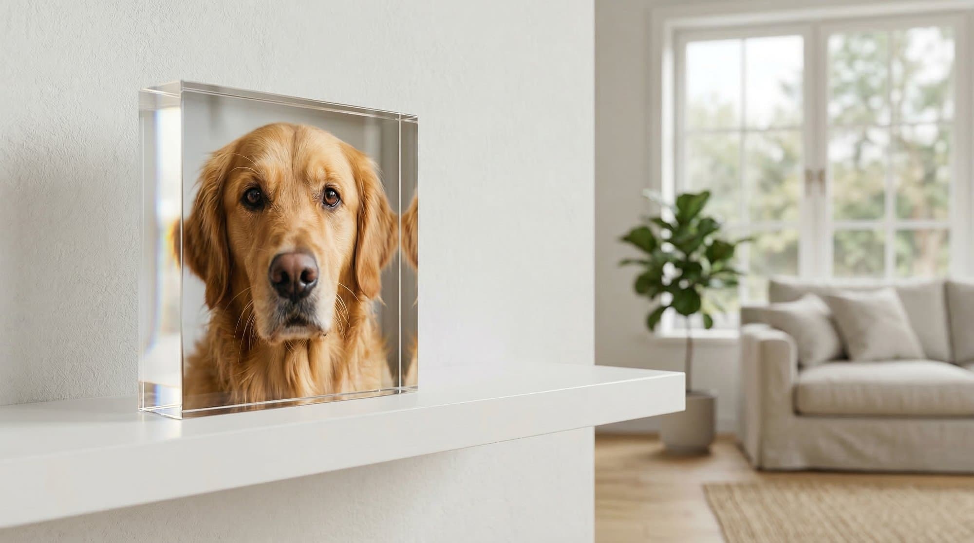Golden retriever transformado em arte acrílica numa estante branca
