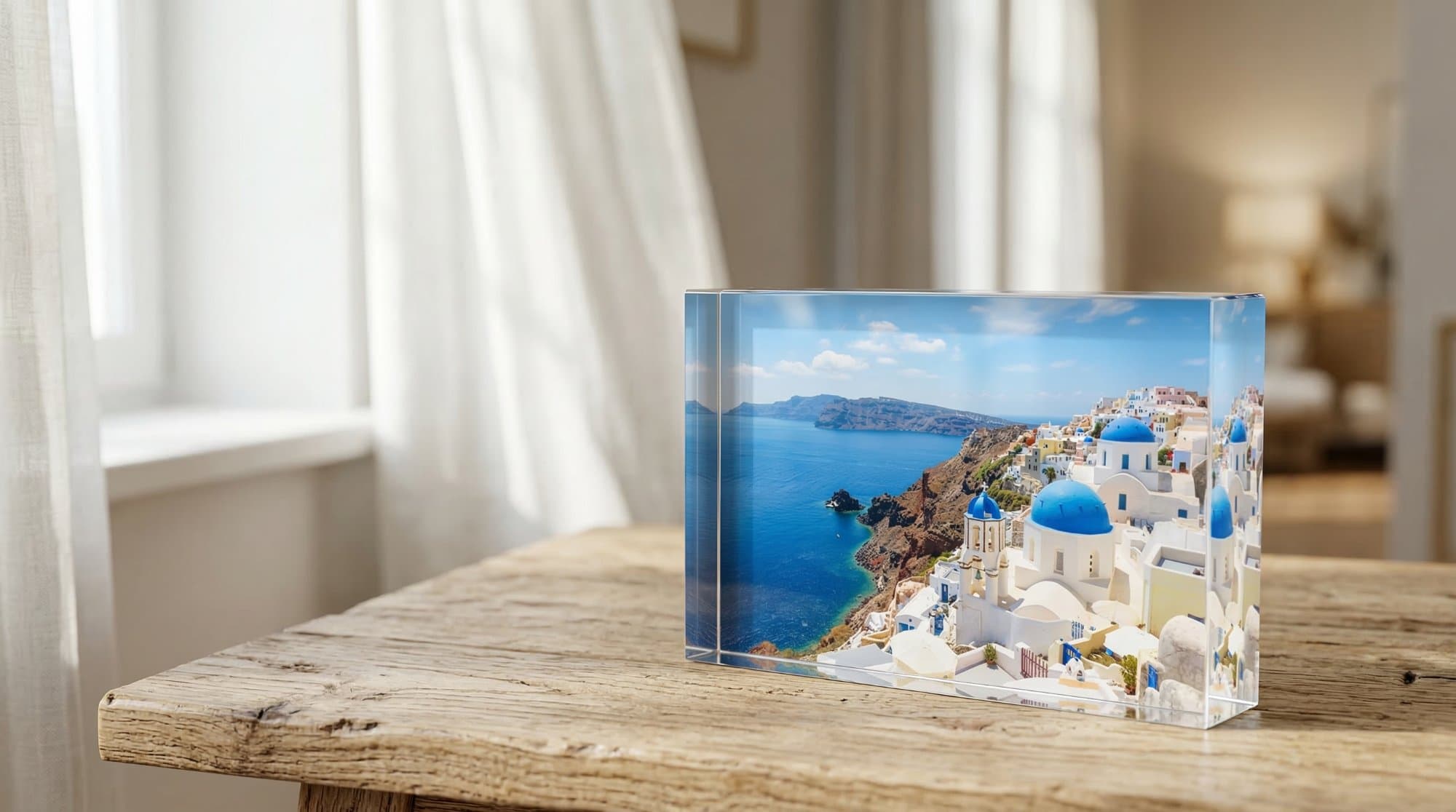 Paisagem de Santorini em peça acrílica numa mesa rústica