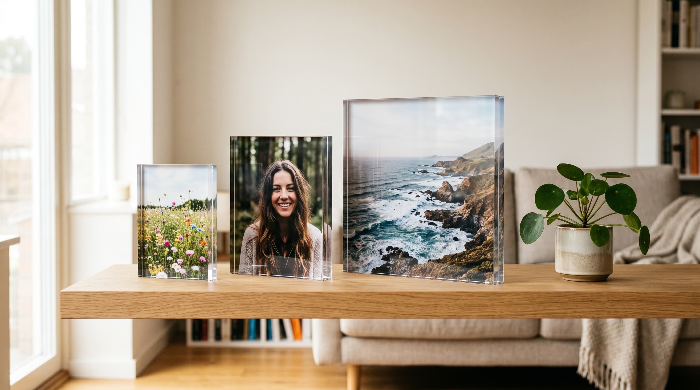 Three acrylic blocks with photographs on a wooden shelf