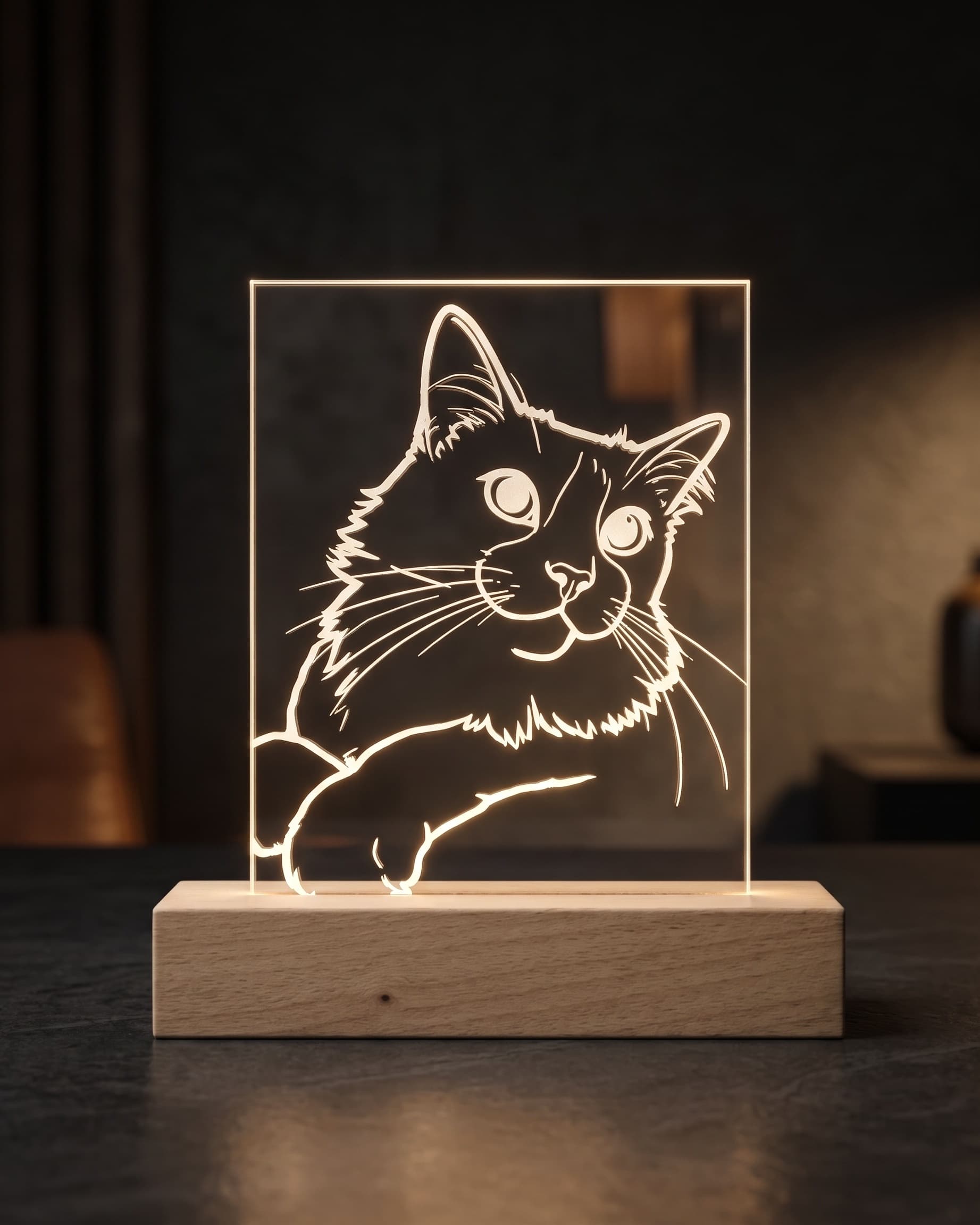 Cat engraved in white lines on an LED plate