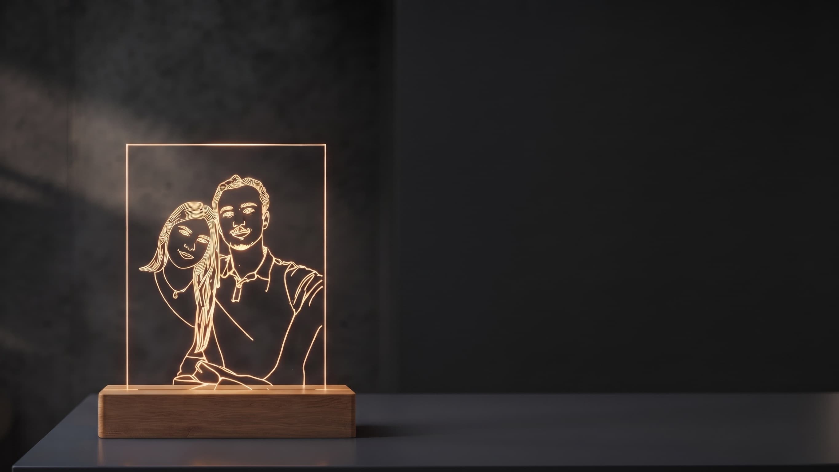 LED plate with a portrait engraved in lines of light