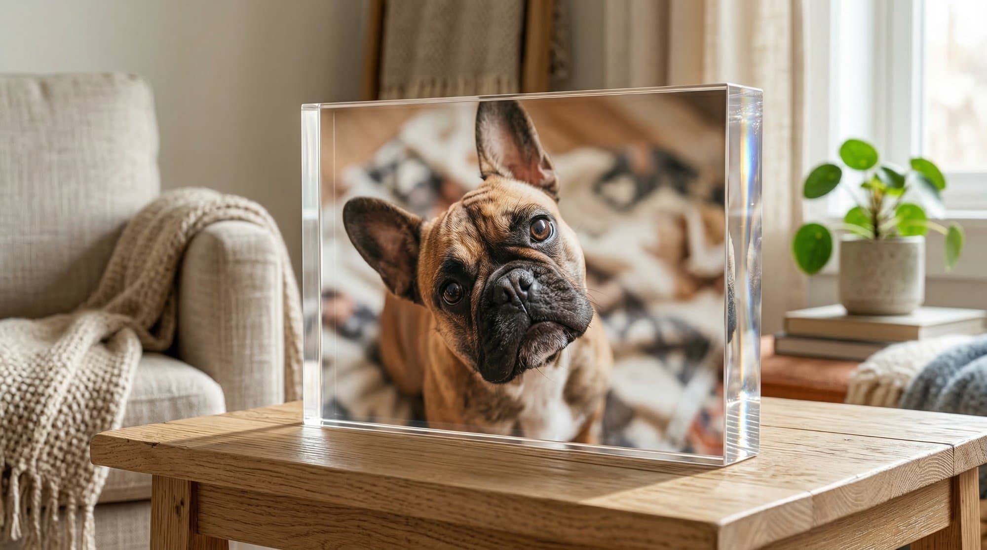 French bulldog numa mesa de carvalho — fotografia de animal transformada em arte